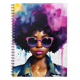 Black Woman Rainbow Afro Hair and Sunglasses Art Notebook