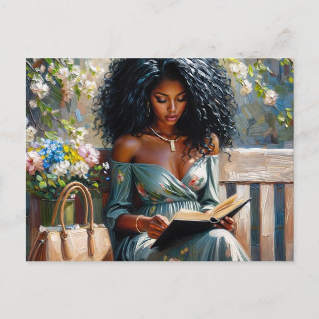 Black Woman Reading - Spring Floral Art Postcard (Front)