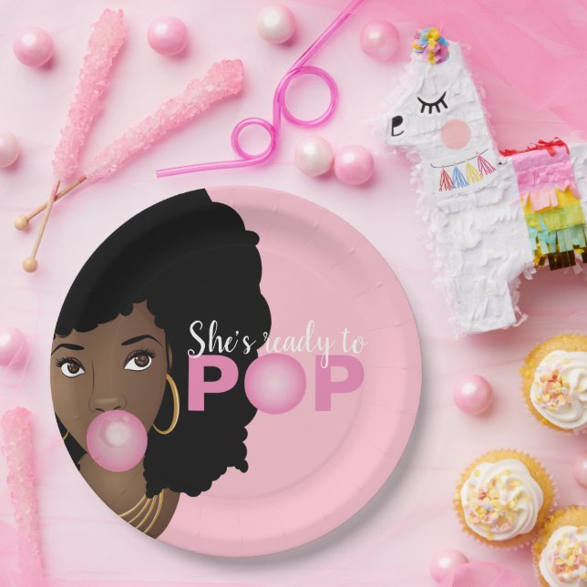 Black Woman, Ready to Pop, Bubblegum, Pink Paper Plate (Party)