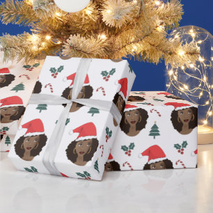 Black Woman, Red Santa Hat, Christmas Pattern Wrapping Paper