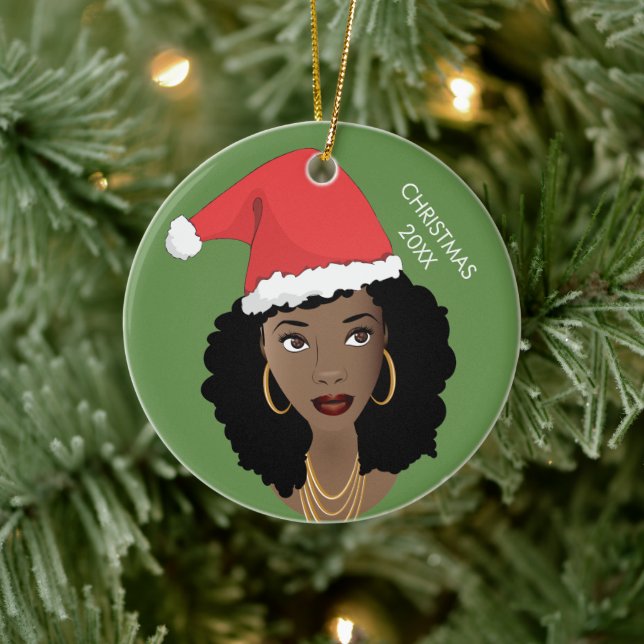 Black Woman, Red Santa Hat, Current Year, Green Ceramic Ornament (Tree)