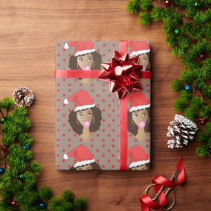 Black Woman, Santa Hat Bubblegum Red Polka Dot Wrapping Paper