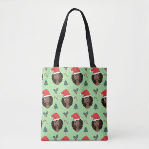 Black Woman, Santa Hat, Christmas Pattern Green Tote Bag