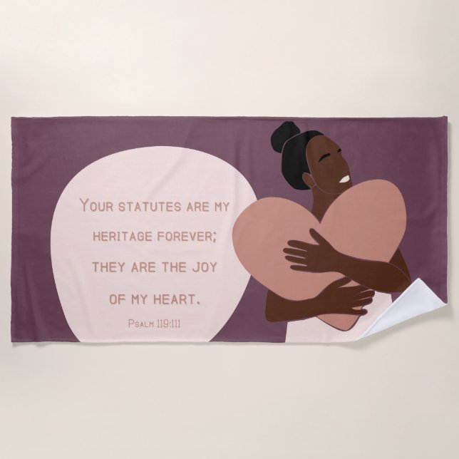 Black Woman Scripture Heart Christian Plum Beach Towel (Front)