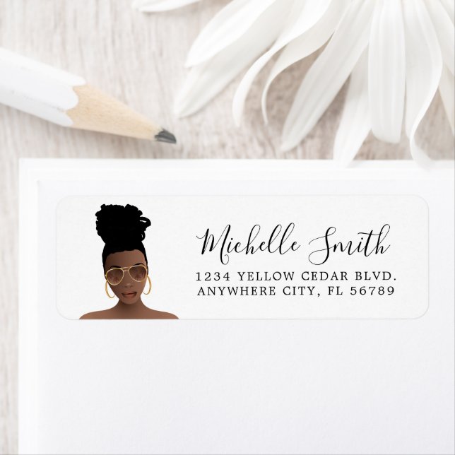 Black Woman, Top Knot & Gold Shades Return Address Label (Insitu)
