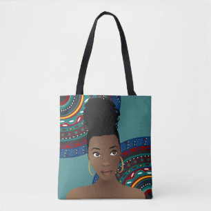 Black Woman, Top Knot, Tribal Inspired, Teal Tote Bag