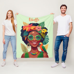 Black Woman, Tropical Flowers & Parrot Fleece Blanket
