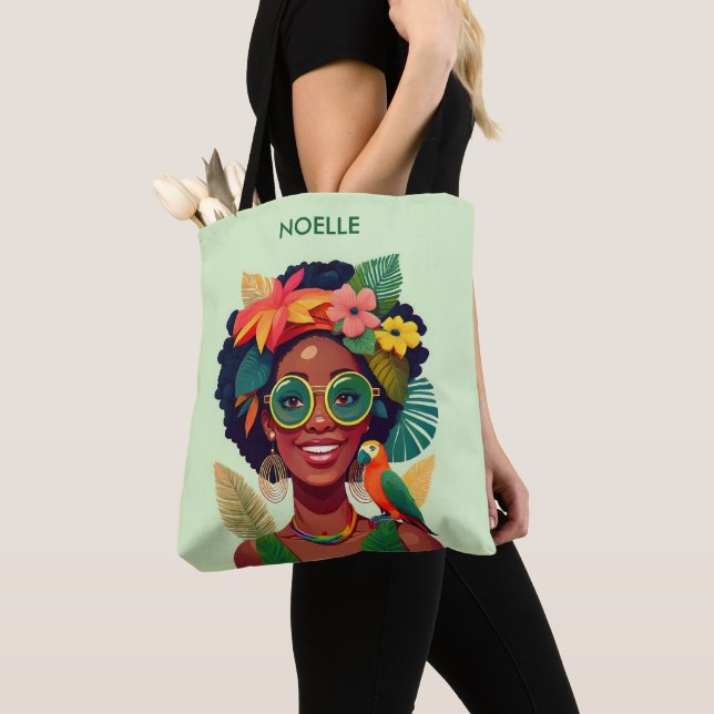 Black Woman, Tropical Flowers & Parrot Tote Bag (Close Up)