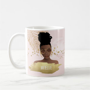 Black Woman, Tropical Gold Leaf & Shades, Pink Coffee Mug