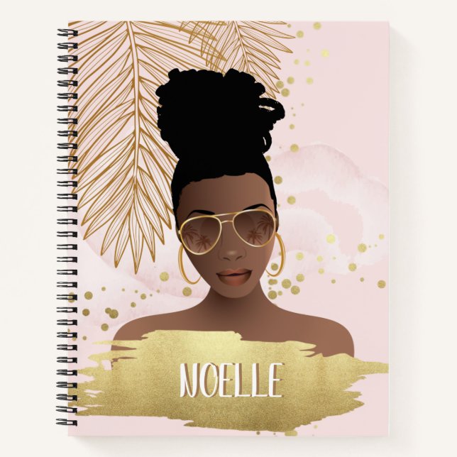 Black Woman, Tropical Gold Leaf & Shades, Pink Notebook (Front)