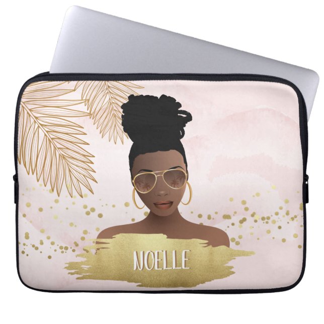Black Woman, Tropical Gold Leaves & Shades, Pink Laptop Sleeve (Front)