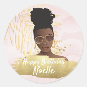 Black Woman, Tropical Golden Pink Birthday Classic Round Sticker
