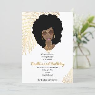 Black Woman w/Shades, Tropical Gold 21st Birthday Invitation