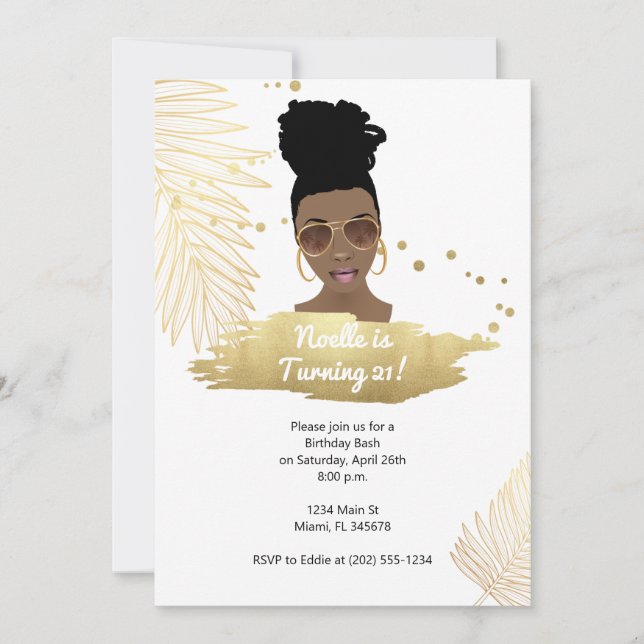 Black Woman w/Shades, Tropical Gold 21st Birthday Invitation (Front)
