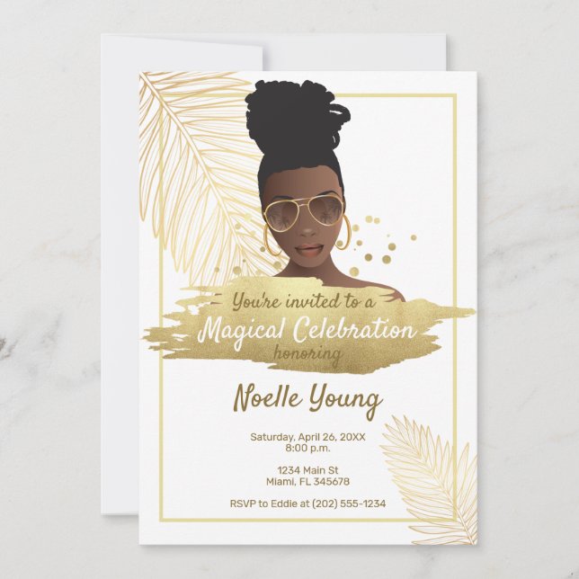 Black Woman w/Shades, Tropical Golden Birthday Invitation (Front)