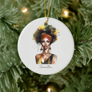 Black Woman Wearing Ethnic Headwrap Ceramic Ornament
