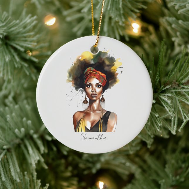 Black Woman Wearing Ethnic Headwrap Ceramic Ornament (Tree)