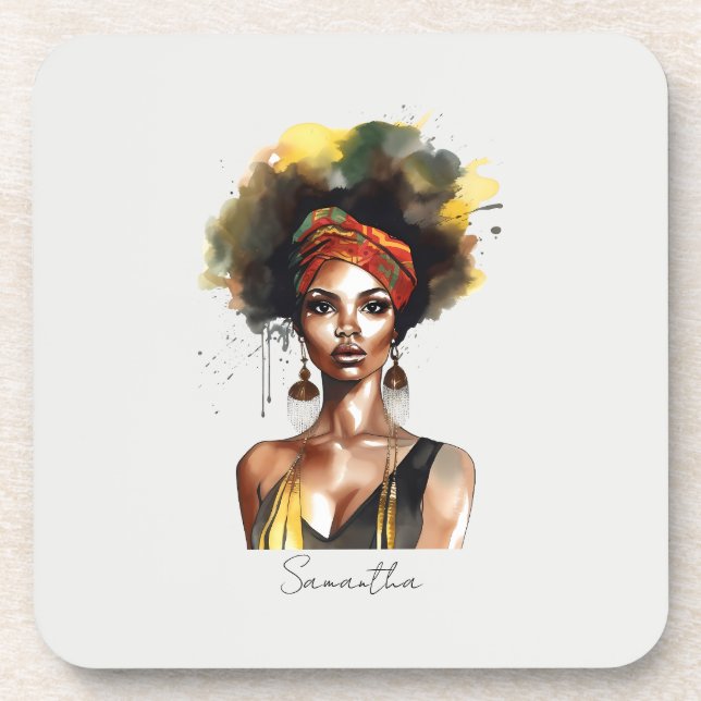 Black Woman Wearing Ethnic Headwrap Coaster (Front)