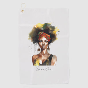 Black Woman Wearing Ethnic Headwrap Golf Towel