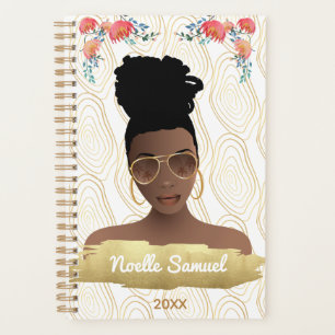 Black Woman, Whimsical Flowers Gold Shapes Planner