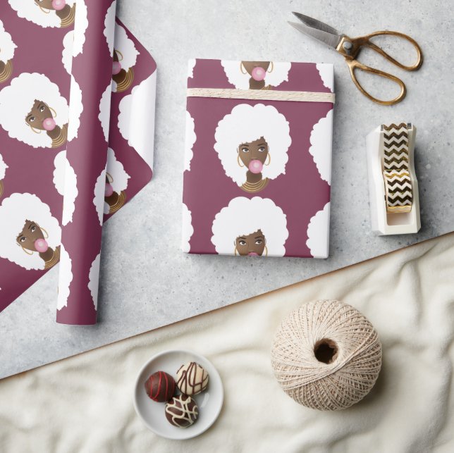 Black Woman, White Afro, Pink Bubblegum, Purple Wrapping Paper (Crafts)