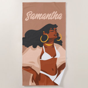 Black Woman, White Bikini, Beach Ready Beach Towel