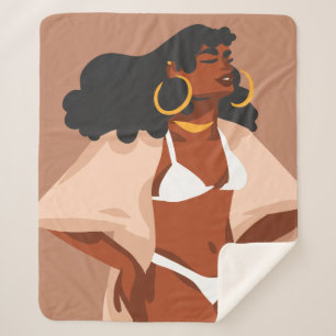 Black Woman, White Bikini, Beach Ready, Brown Sherpa Blanket
