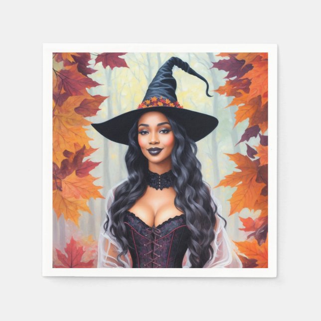 Black Woman Witch Fall Leaves Art Napkin (Front)