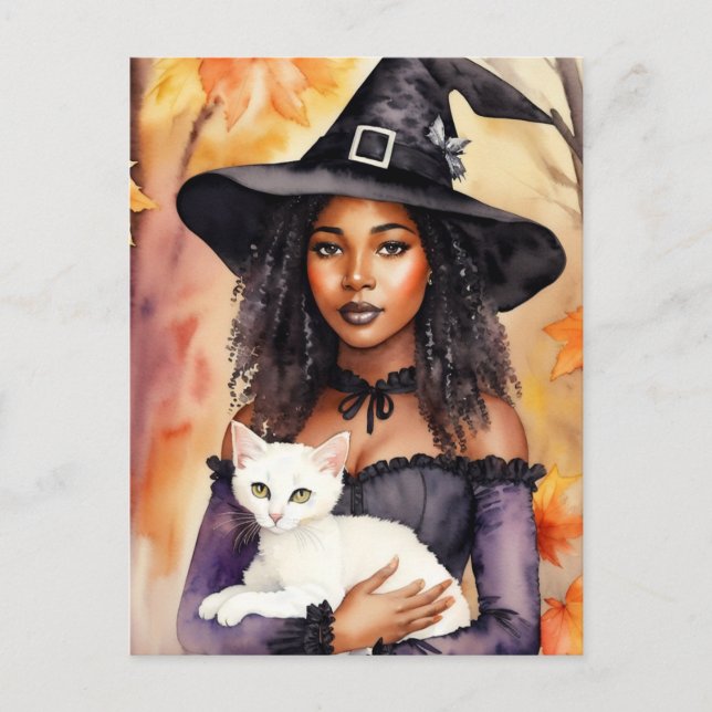 Black Woman Witch With Cat Autumn Watercolor Postcard (Front)