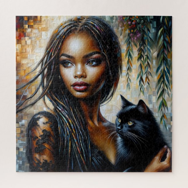 Black Woman With Black Cat Art Jigsaw Puzzle (Vertical)