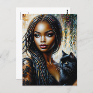 Black Woman With Black Cat Art Postcard
