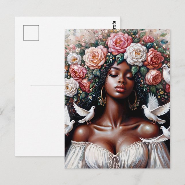 Black Woman With Doves Floral Art Postcard (Front/Back)