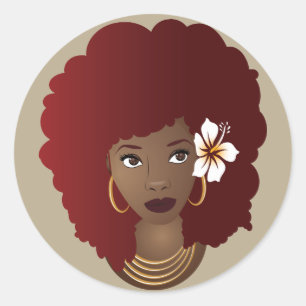 Black Woman with Flower in her Red Afro, Beige Classic Round Sticker