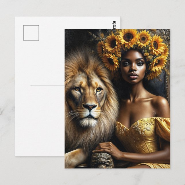 Black Woman With Lion Sunflower Leo Postcard (Front/Back)