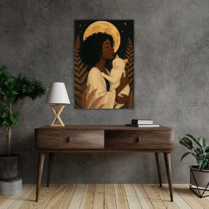 Black Woman with white Cat Under Full Moon Poster