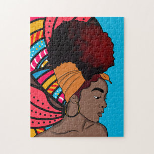 Black Woman, Wrapped Natural Hair, Colourful Blue Jigsaw Puzzle