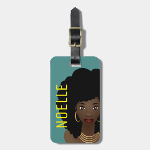Black Woman, Yellow Text, Teal Green Luggage Tag