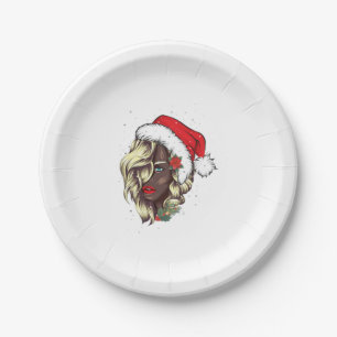 Black Women African American Christmas Santa Claus Paper Plate