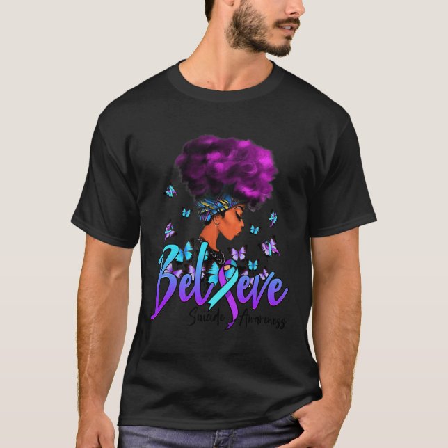 Black Women Believe Purple And Teal Ribbon Suicide T-Shirt (Front)