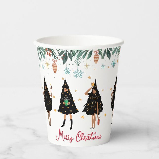 Black Women Dressed in Black Christmas Tree Party Paper Cups (Front)