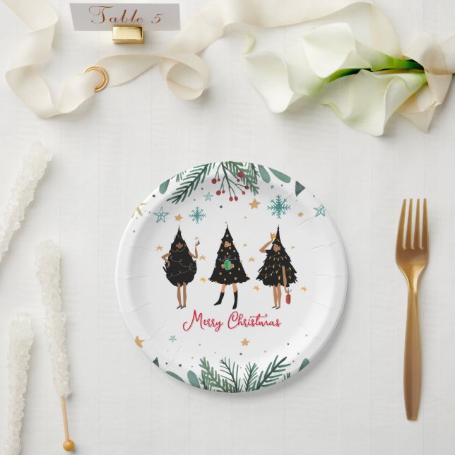 Black Women Dressed in Black Christmas Tree Party Paper Plate (Wedding)