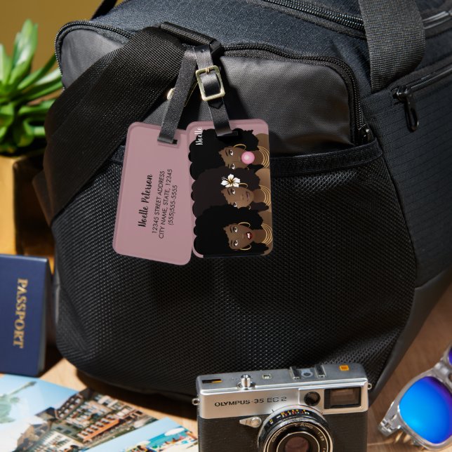 Black Women Friends, Annoyed, Flower, Gum, Purple Luggage Tag (Front & Back)
