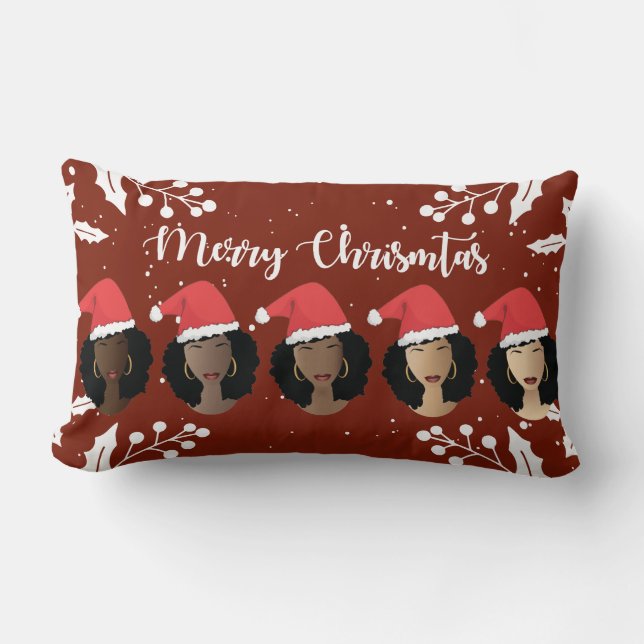 Black Women, Merry Christmas Santa Hats, Burgundy Lumbar Cushion (Front)