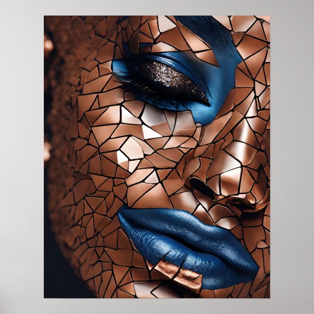 Black Womens Blue Copper Mosaic Face Wall Art  (Front)