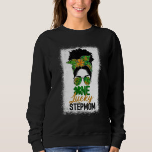 Black Womens One Lucky Stepmom Messy Bun St Patric Sweatshirt