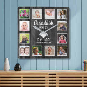 Black Wood 12 Photo Collage Grandkids Quote Square Wall Clock