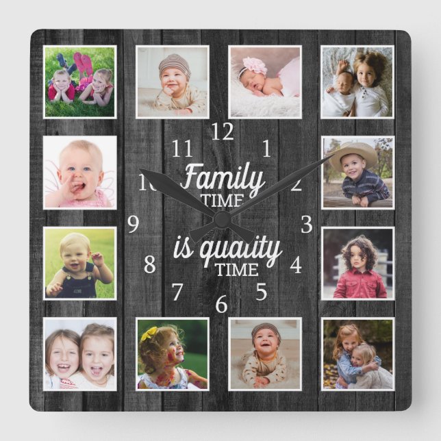 Black Wood 12 Photo Template Family Time Quote Square Wall Clock (Front)
