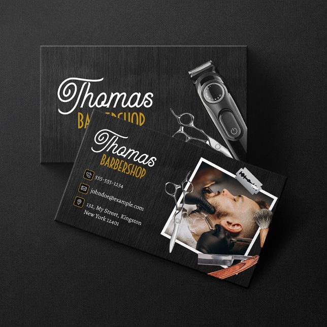 Black Wood Barber Shop Photo Scissor Hair Clipper Business Card (Creator Uploaded)