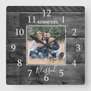 Black Wood Family Name Photo Blessed Farmhouse Square Wall Clock