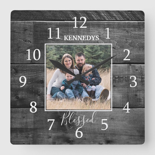 Black Wood Family Name Photo Blessed Farmhouse Square Wall Clock (Front)